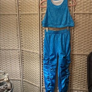 Blue Textured Crop Top and Joggers Set